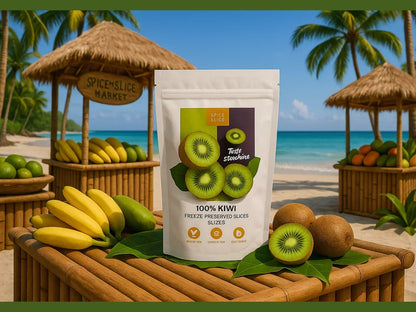 100% kiwi freeze dried slices pouch with fresh kiwis, tropical fruit stalls, and beach backdrop