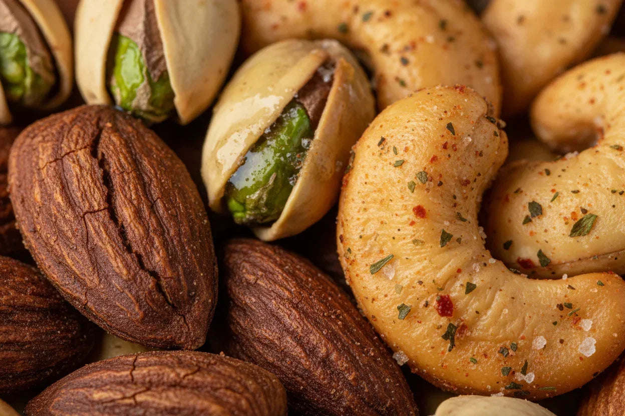 Close-up of roasted almonds, pistachios, and seasoned cashews with herbs and spices