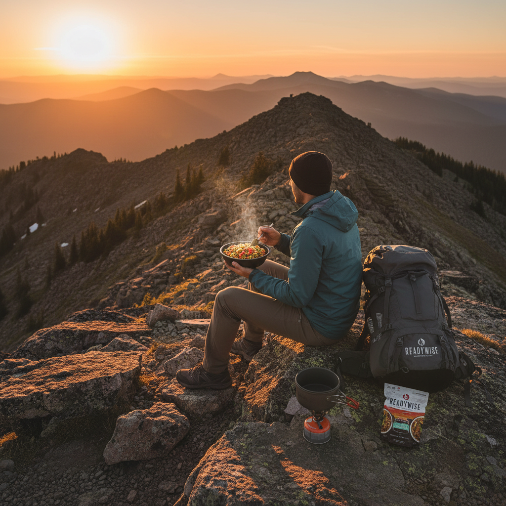 Solo backpacker on mountain ridge at golden hour enjoying steaming Backcountry Wild Rice Risotto with Vegetables in vast wilderness