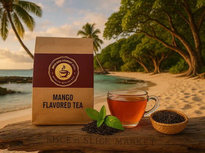 Mango flavored tea, loose leaf and glass cup on tropical beach with palm trees and ocean.