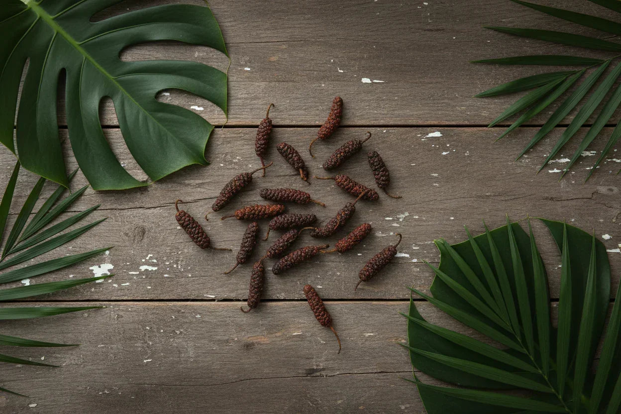 Long pepper pods on rustic wooden surface with tropical green leaves, spice ingredient