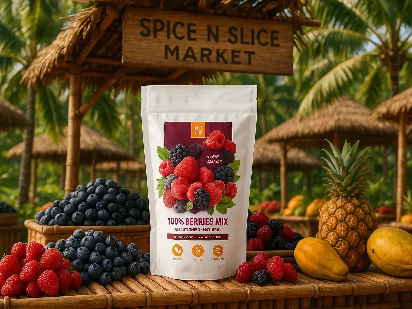 Organic dried berries mix pouch with fresh berries, pineapple, papaya, tropical outdoor market