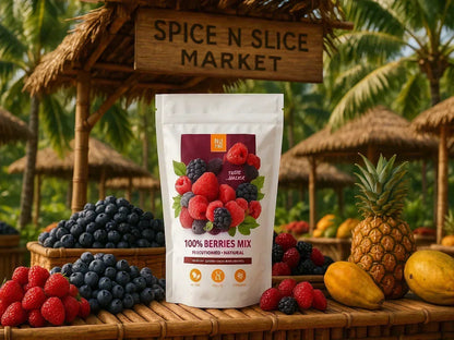 Organic dried berries mix pouch with fresh berries, pineapple, papaya, tropical outdoor market