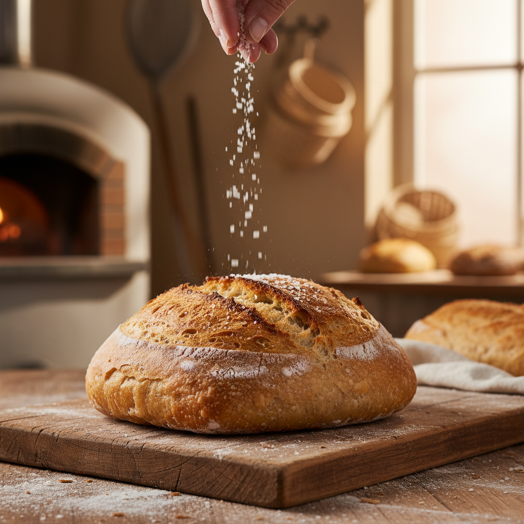Guerande fine grey Celtic sea salt sprinkled over freshly baked artisan bread loaf with golden crust