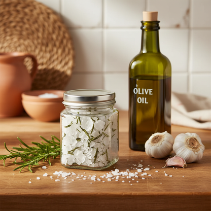 Rosemary crystal salt flakes jar in Mediterranean kitchen with fresh rosemary and olive oil