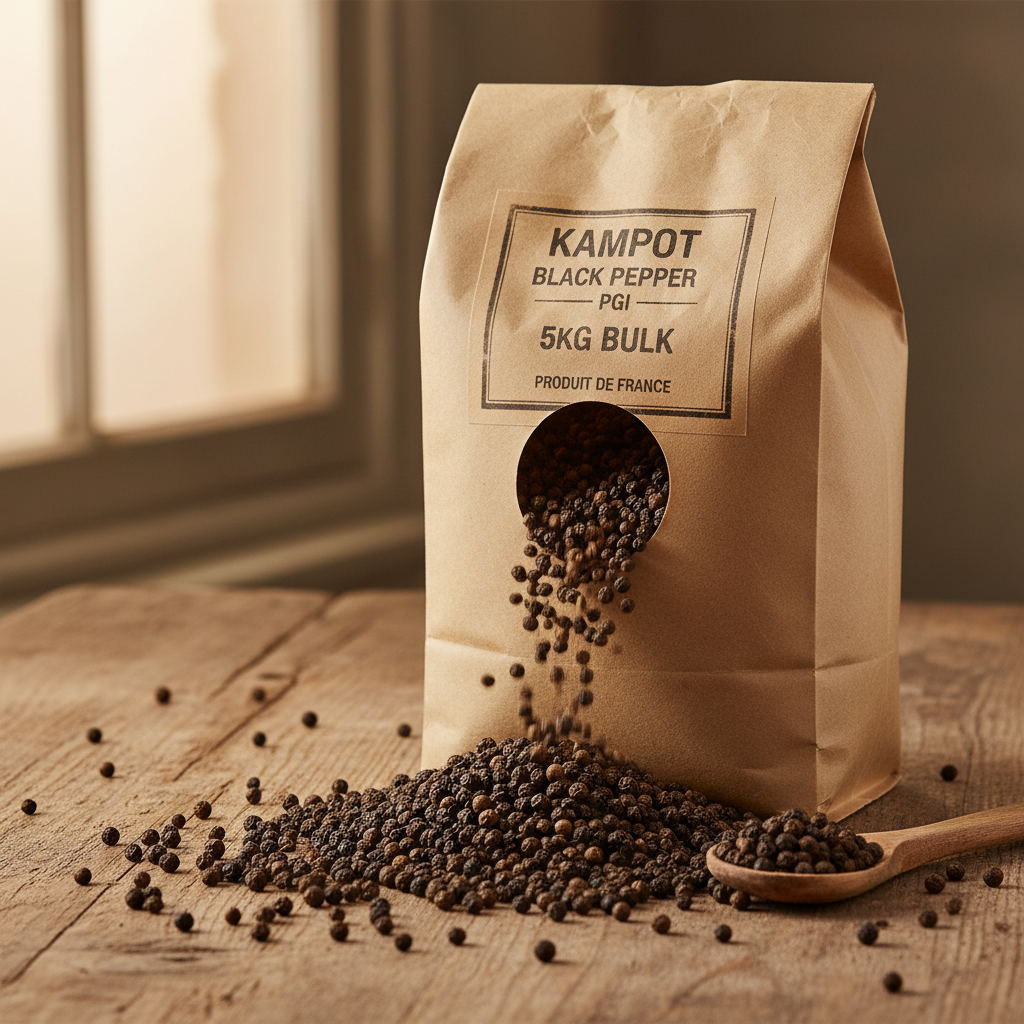Wholesale Kampot black pepper PGI 5kg bulk peppercorns pouring from kraft paper bag
