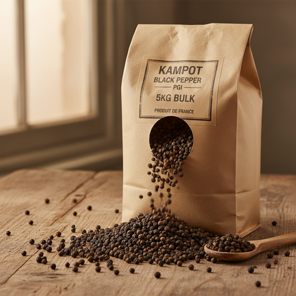 Wholesale Kampot black pepper PGI 5kg bulk peppercorns pouring from kraft paper bag