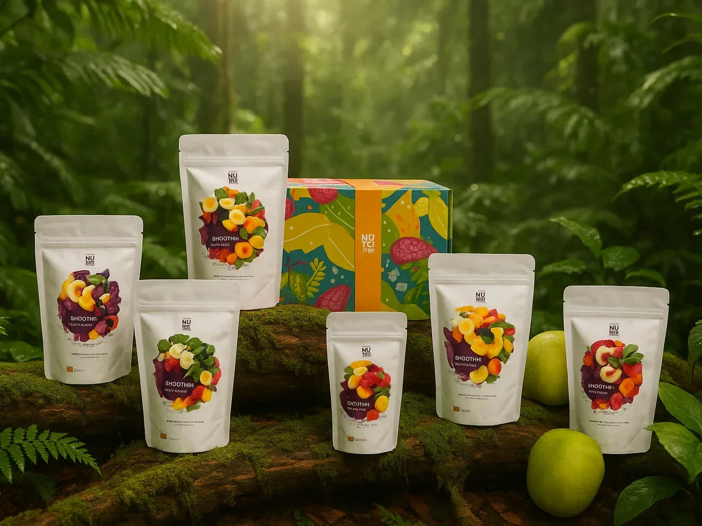 Assorted dried fruit snack packs and colorful gift box displayed in a lush forest setting