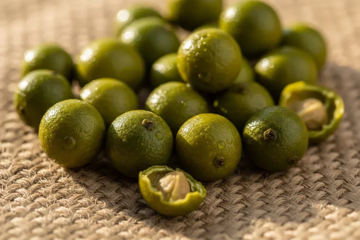 Fresh green Kampot peppercorns close up on woven surface, whole and split open