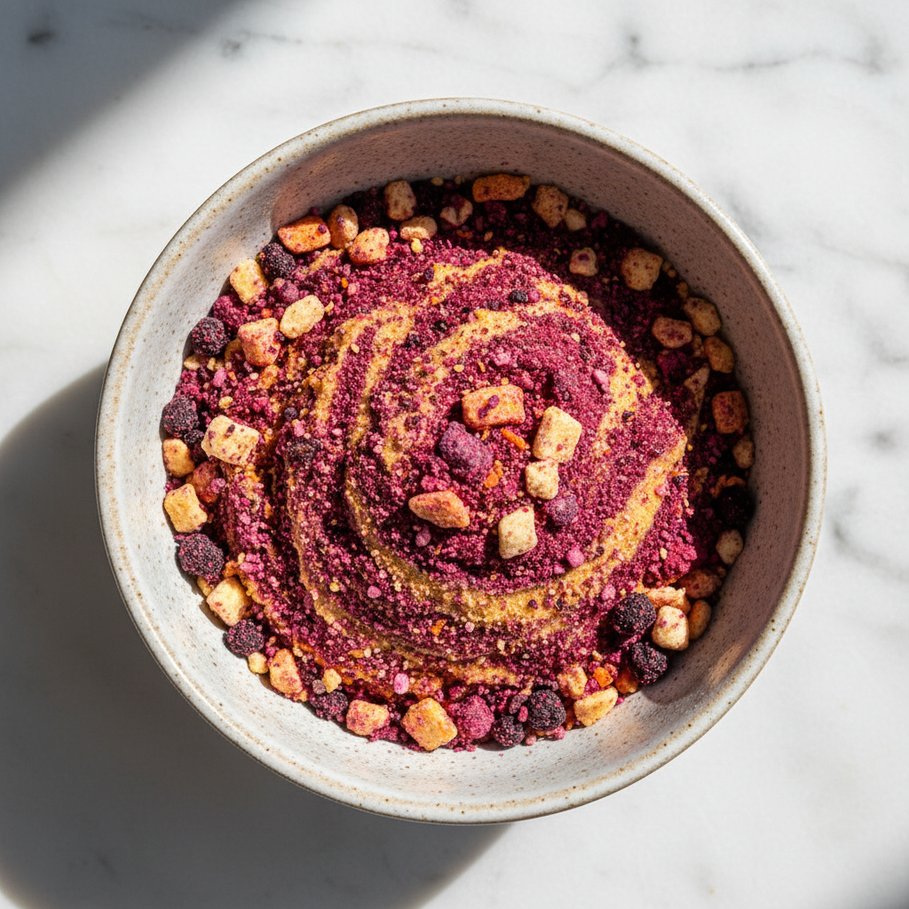 Power Up smoothie blend banana apple carrot blackberry in ceramic bowl