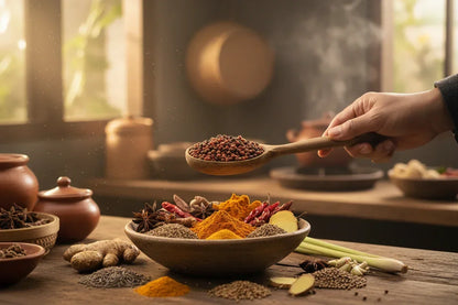 Hand holding wooden spoon of black peppercorns over bowl of assorted Indian spices on rustic kitchen table