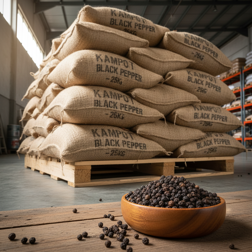 Wholesale Kampot black pepper PGI 25kg bulk sacks stacked in warehouse with bowl of peppercorns