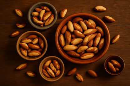 Assorted Brazil nuts in wooden bowls on a rustic wooden table, healthy snack food