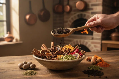 Bowl of assorted spices and Kampot pepper in rustic kitchen, perfect for artisan seasoning