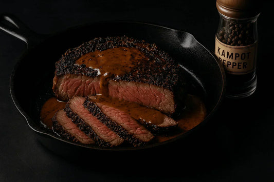 Sliced steak crusted with Kampot pepper in a skillet with pepper sauce and pepper grinder