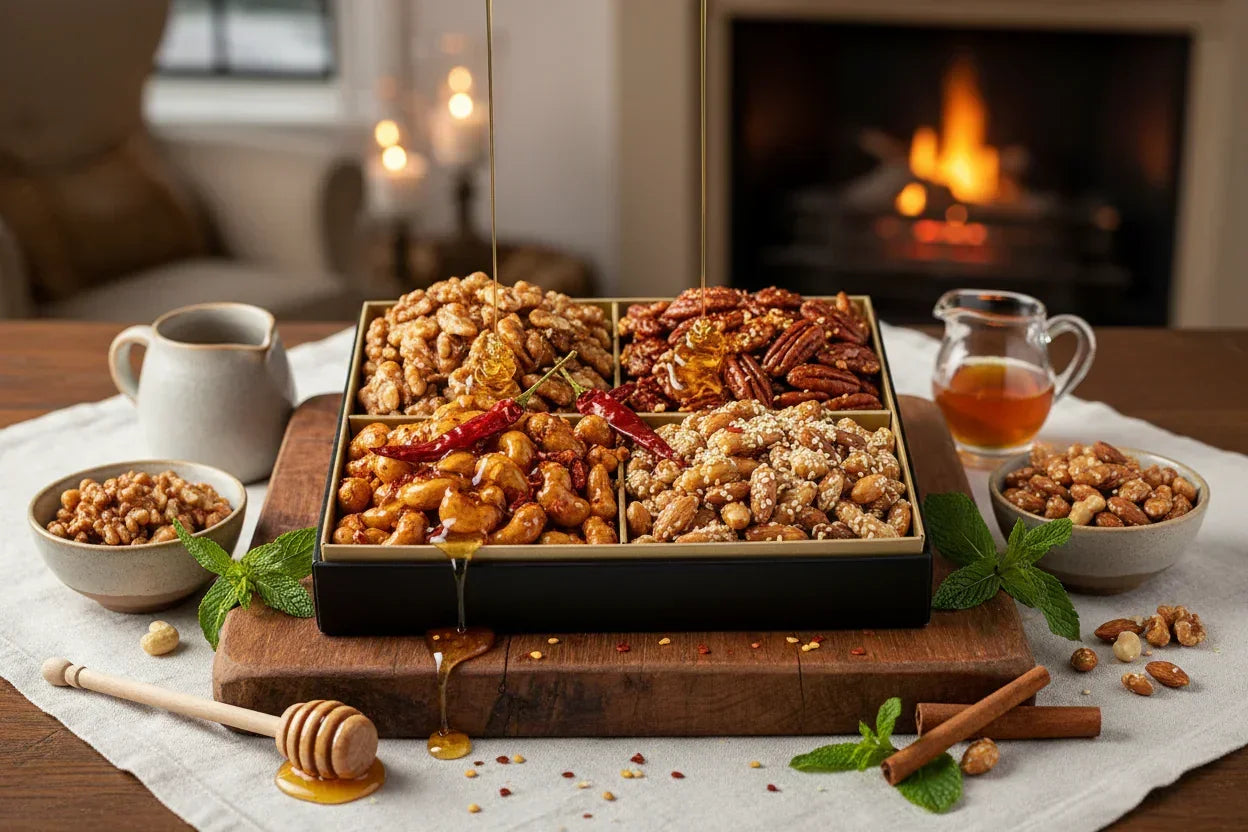 Assorted spiced nuts with honey drizzle in divided box on wooden board by cozy fireplace