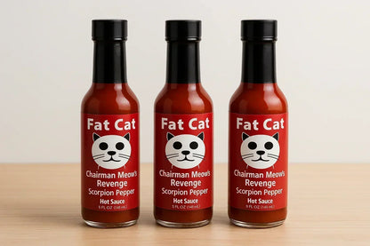 Three bottles of Fat Cat Chairman Meow's Revenge Scorpion Pepper hot sauce on a wooden surface