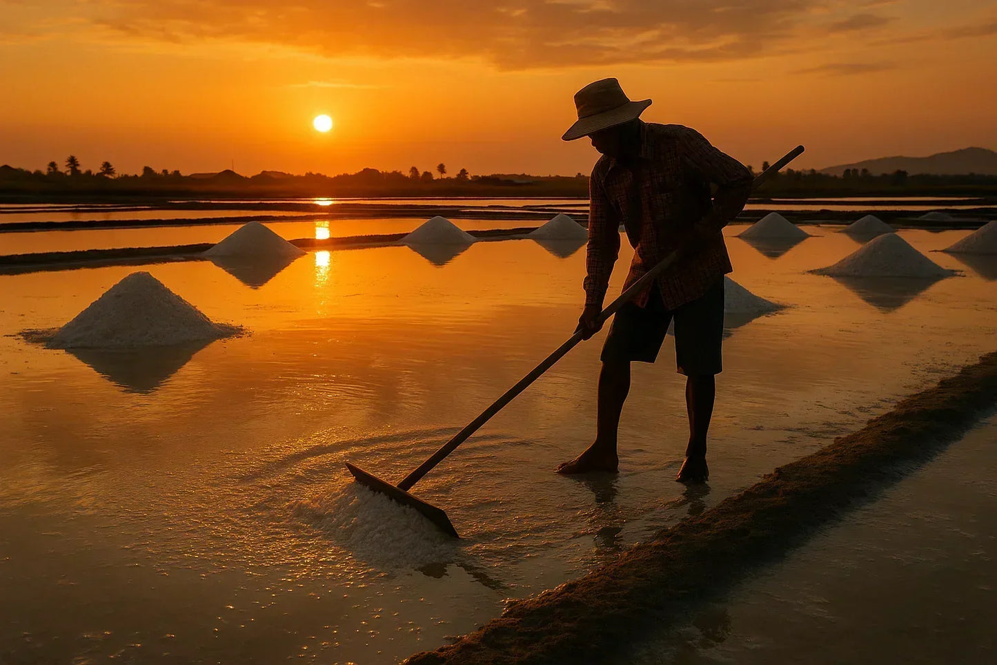 Salt farmer harvesting sea salt in a field at sunset, piles of salt reflecting in water