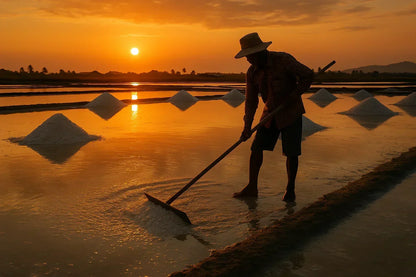 Salt farmer harvesting sea salt in a field at sunset, piles of salt reflecting in water