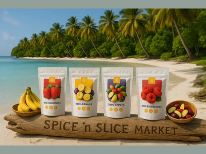 Organic dried fruit snack packs with apples, strawberries, bananas, and raspberries on a tropical beach.