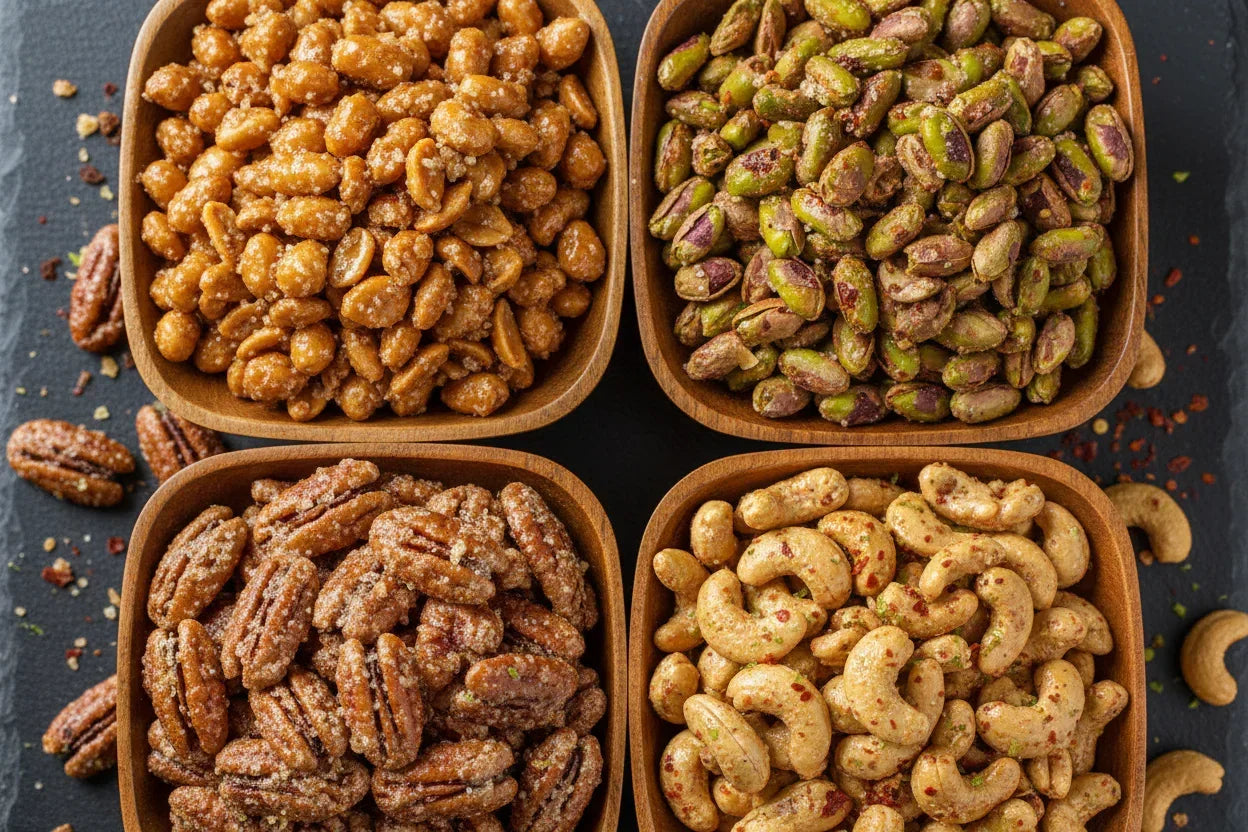 Four wooden bowls with assorted gourmet nuts including spicy cashews, sugar-coated pecans, roasted pistachios, and honey roasted peanuts on dark surface