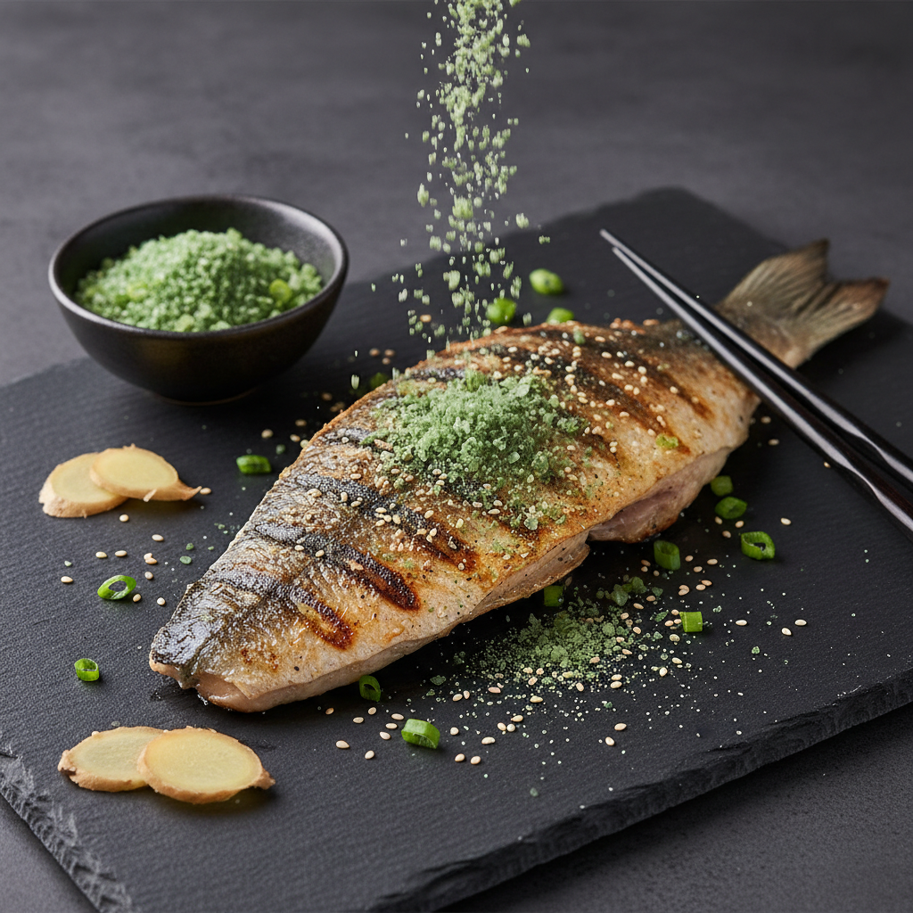 Bamboo Jade Salt Coarse sprinkled over grilled Asian-style sea bass with ginger and spring onions
