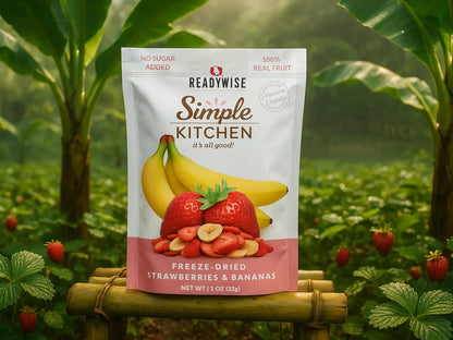 Freeze-dried strawberries and bananas snack pouch on a bamboo table in a lush strawberry field