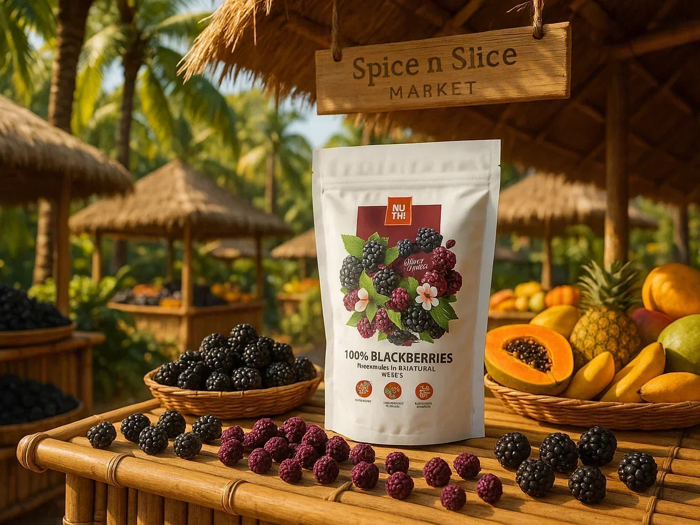Bag of dried blackberries on market stall with fresh blackberries and tropical fruits