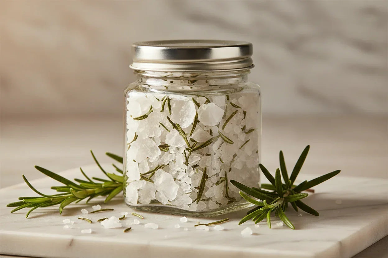 Rosemary Crystal Salt Flakes in glass jar with fresh rosemary