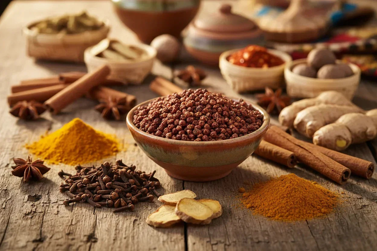 Bowl of Kampot pepper with turmeric, ginger, cloves, cinnamon, and assorted whole spices on rustic wood table