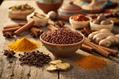 Bowl of Kampot pepper with turmeric, ginger, cloves, cinnamon, and assorted whole spices on rustic wood table