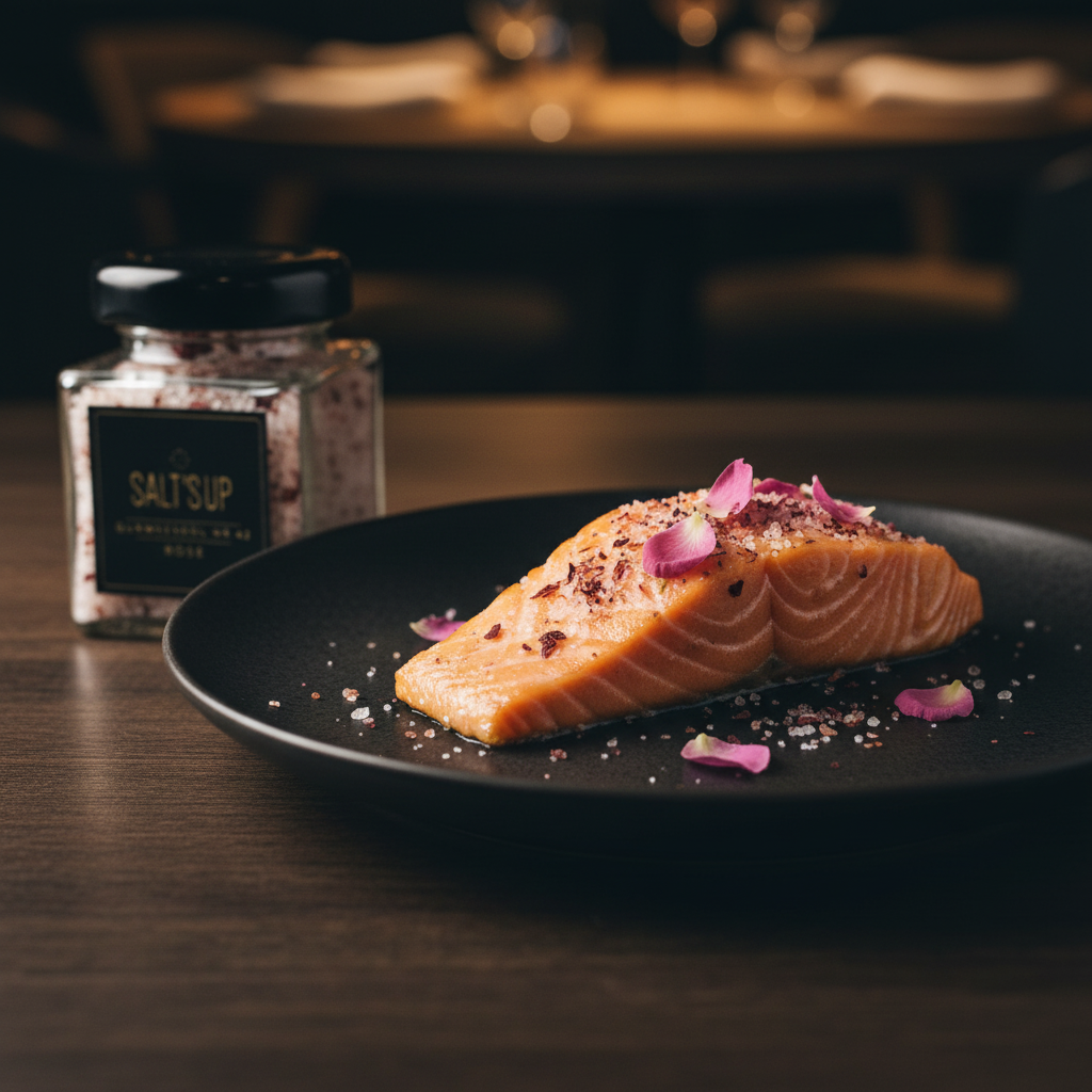 Rose gourmet salt jar beside salmon fillet with pink rose salt crystals and rose petal garnish