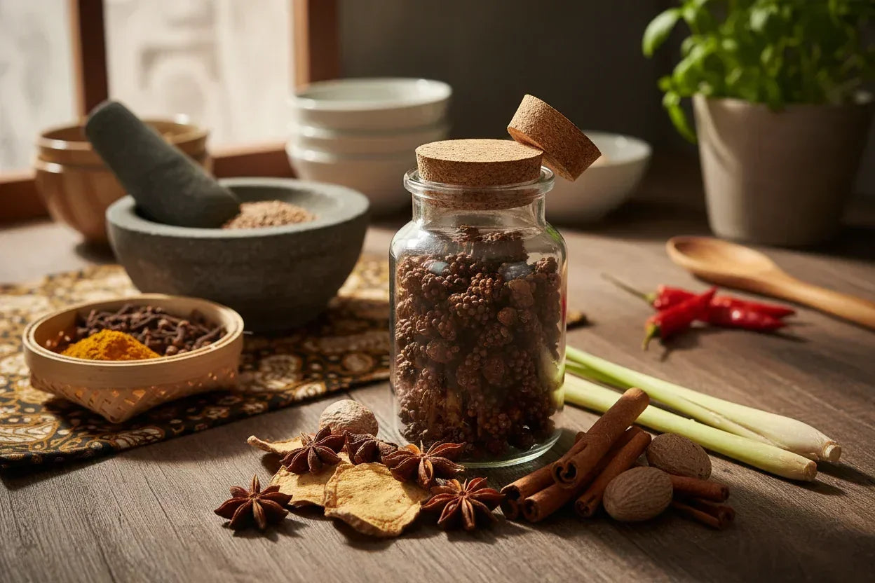 Jar of Kampot pepper with whole spices, lemongrass, and mortar on rustic kitchen table