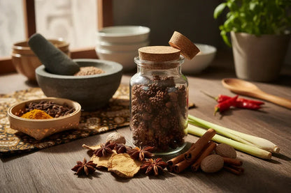 Jar of Kampot pepper with whole spices, lemongrass, and mortar on rustic kitchen table