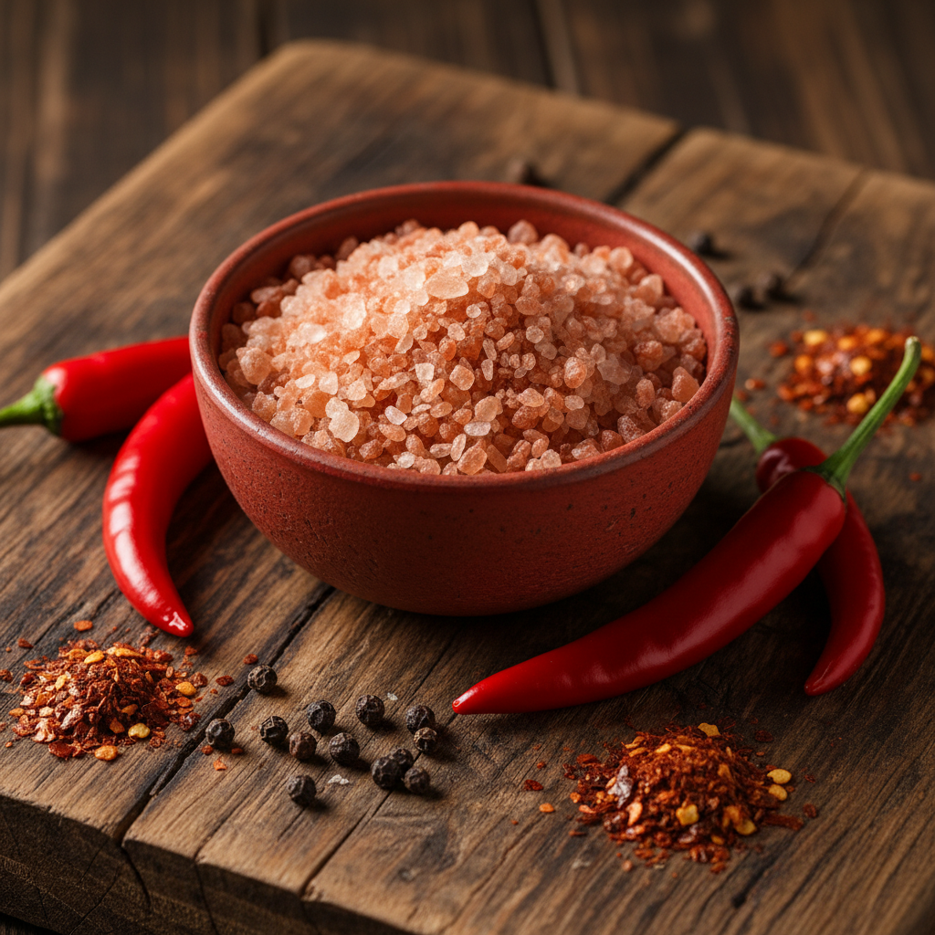 Chilli Crystal Salt Flakes in red ceramic bowl on dark wooden board with fresh red chillies and dried flakes