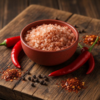 Chilli Crystal Salt Flakes in red ceramic bowl on dark wooden board with fresh red chillies and dried flakes