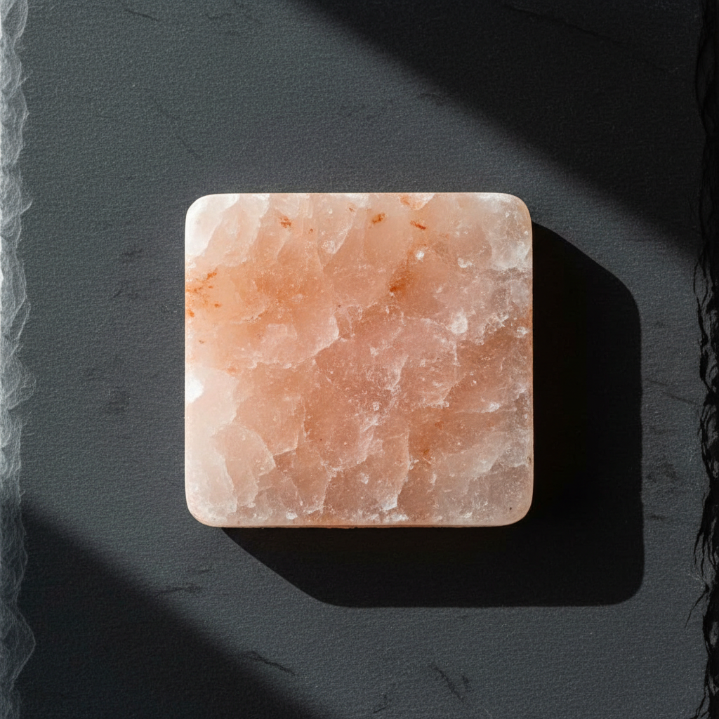 Premium Himalayan pink salt plate XS size overhead shot on dark slate surface