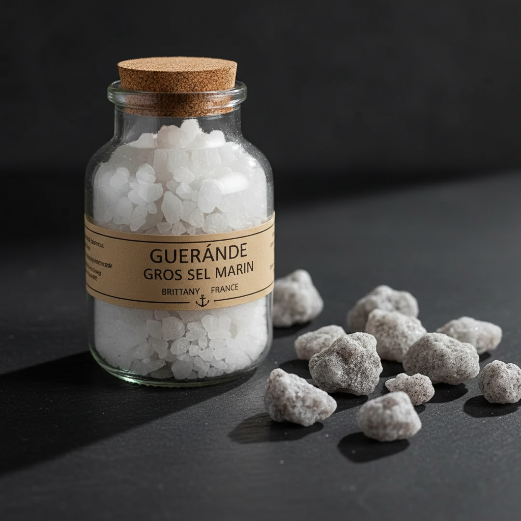 Guerande coarse grey Celtic sea salt crystals macro close-up on dark slate