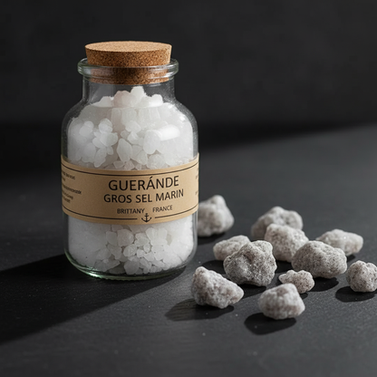 Guerande coarse grey Celtic sea salt crystals macro close-up on dark slate