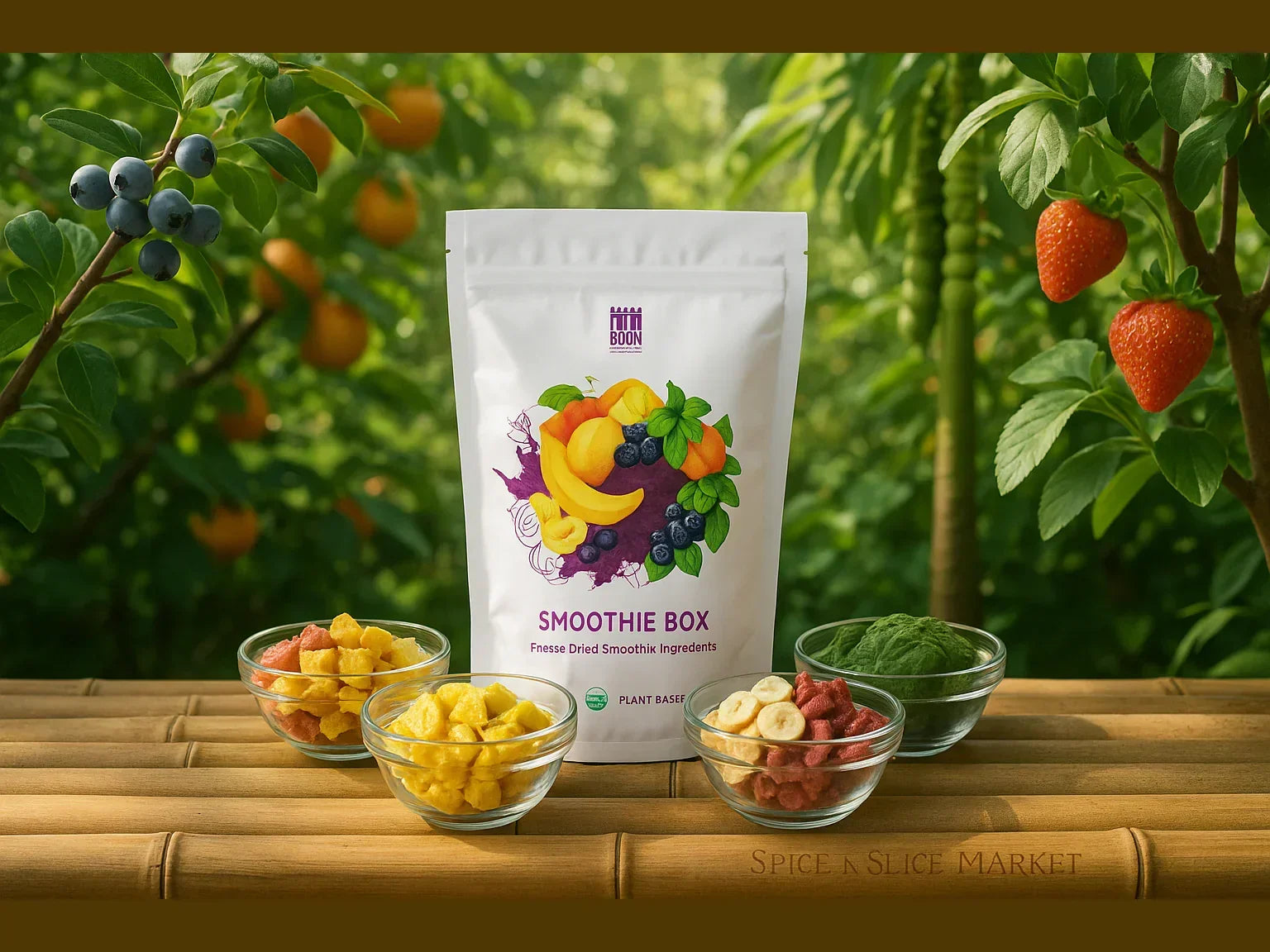 Smoothie Box freeze-dried fruits and greens in bowls outdoors with fresh berries and tropical fruit