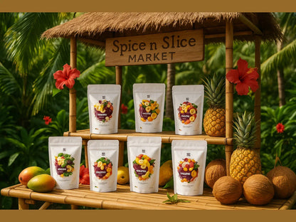 Bags of organic dried fruit on a bamboo stand with pineapples, coconuts, and mangoes in a tropical setting