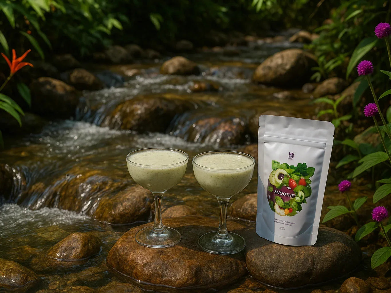 Two smoothie glasses and a fruit smoothie powder pouch on rocks by a clear stream outdoors