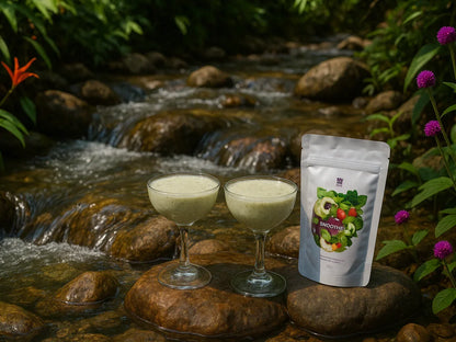 Two smoothie glasses and a fruit smoothie powder pouch on rocks by a clear stream outdoors
