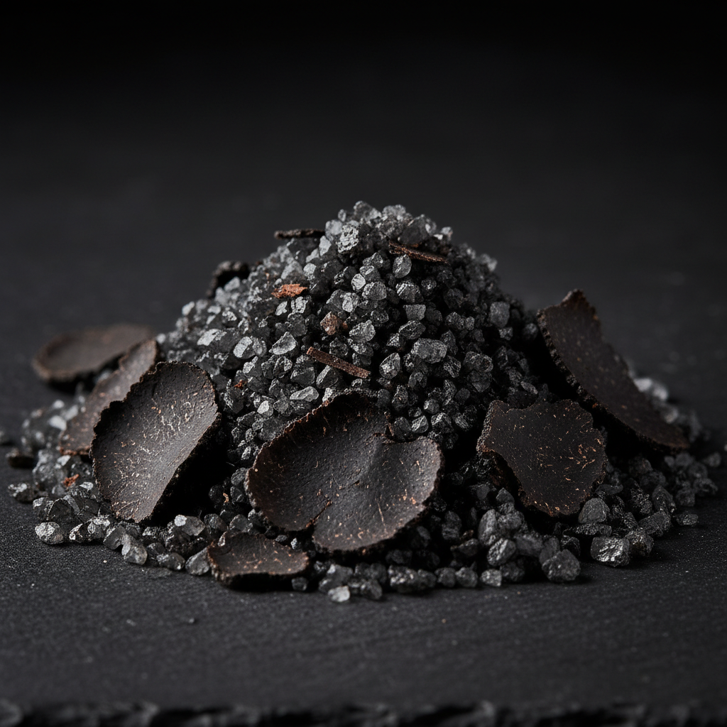 Black Summer Truffle Salt crystals macro close-up with truffle flakes
