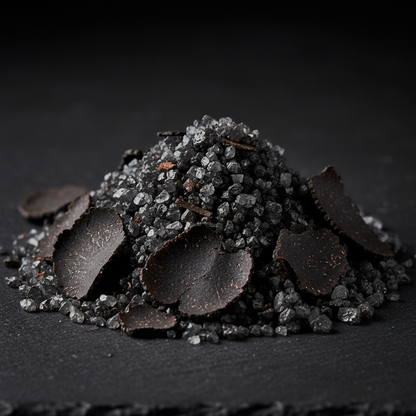 Black Summer Truffle Salt crystals macro close-up with truffle flakes