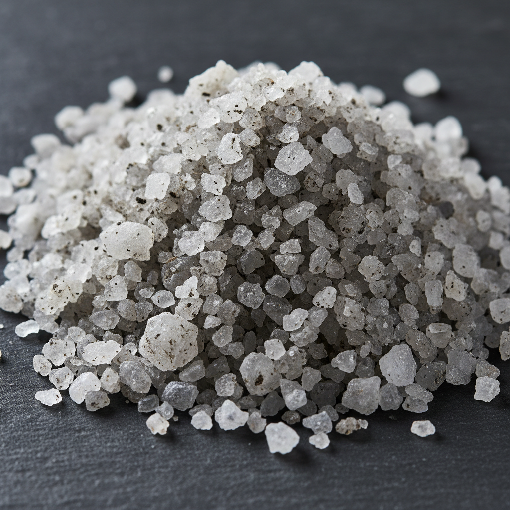 Guerande fine grey Celtic sea salt crystals macro close-up with natural grey mineral tones on dark slate