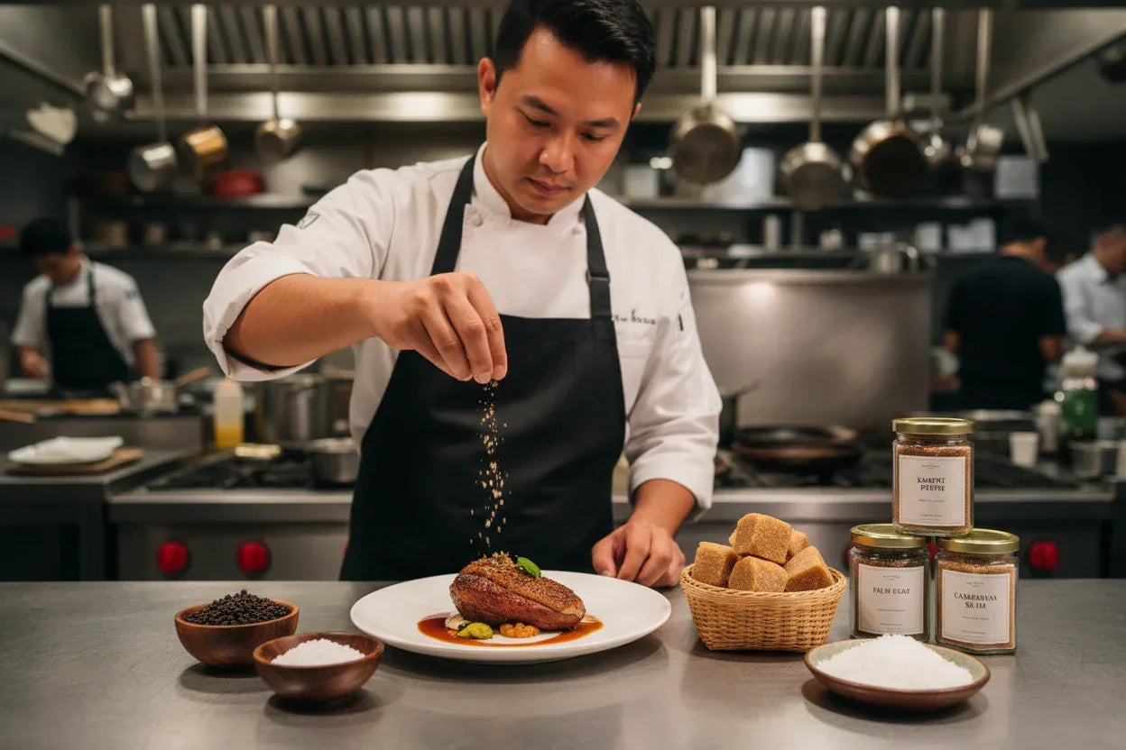 Chef in black apron seasoning gourmet duck dish with spices in professional kitchen