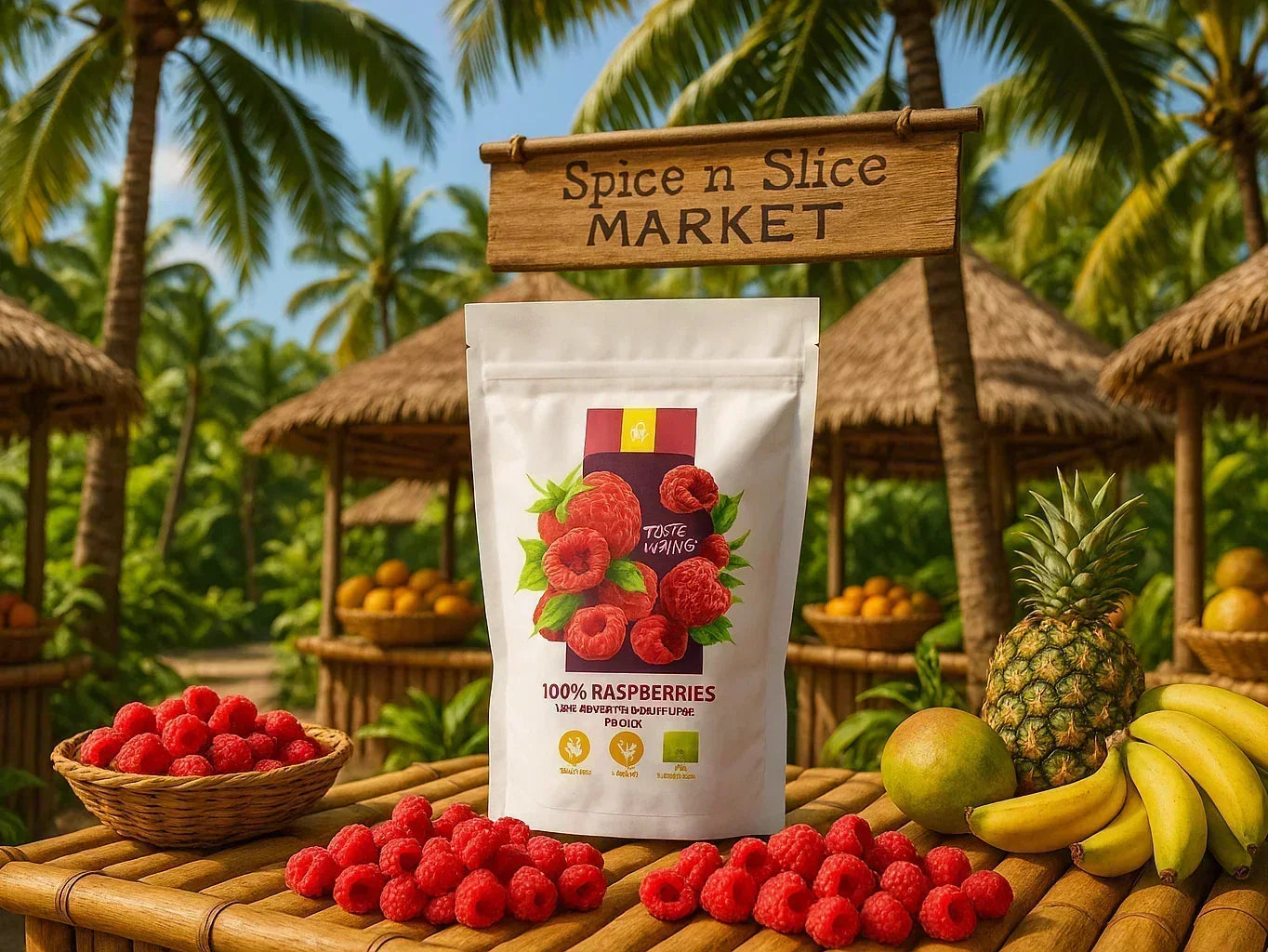 Bag of 100% dried raspberries with fresh raspberries, pineapple, bananas and tropical market setting.