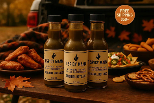 Three bottles of original hot sauce on picnic table with wings, nachos, snacks and fall leaves
