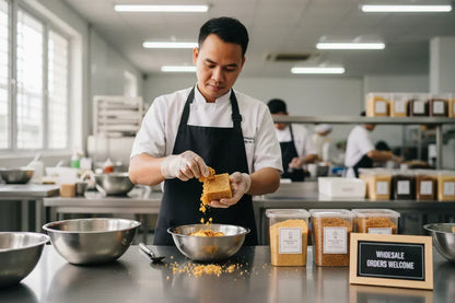 Chef preparing dried fruit in kitchen, wholesale organic products on display
